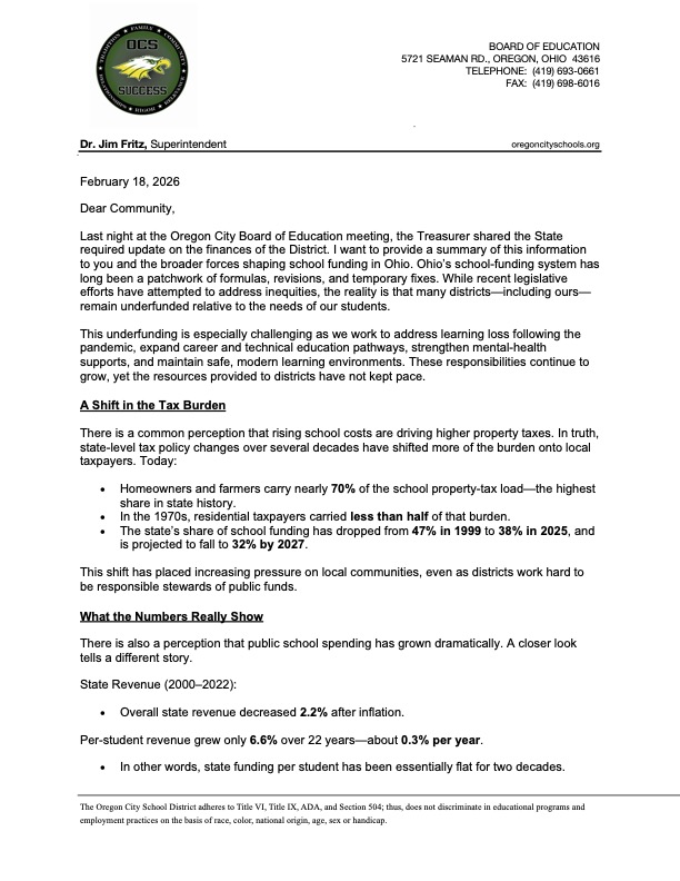 Image of Financial update Letter Feb. 18, 2026, full text included below and in attachment